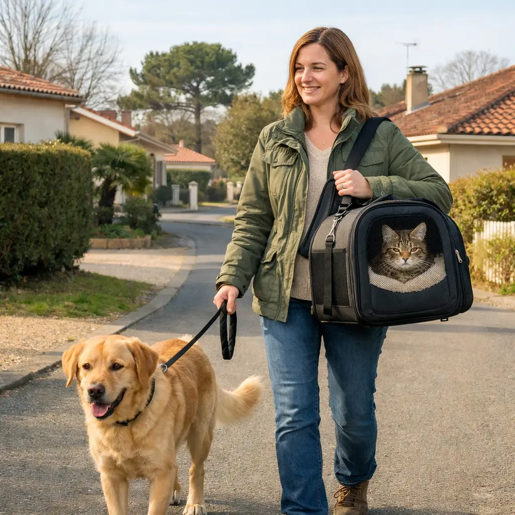 Garde d’animaux de proximité à Saint-Lys et alentours pendant les vacances Pet sitter locale promenant un chien et transportant un chat près de Saint-Lys pendant les vacances scolaires