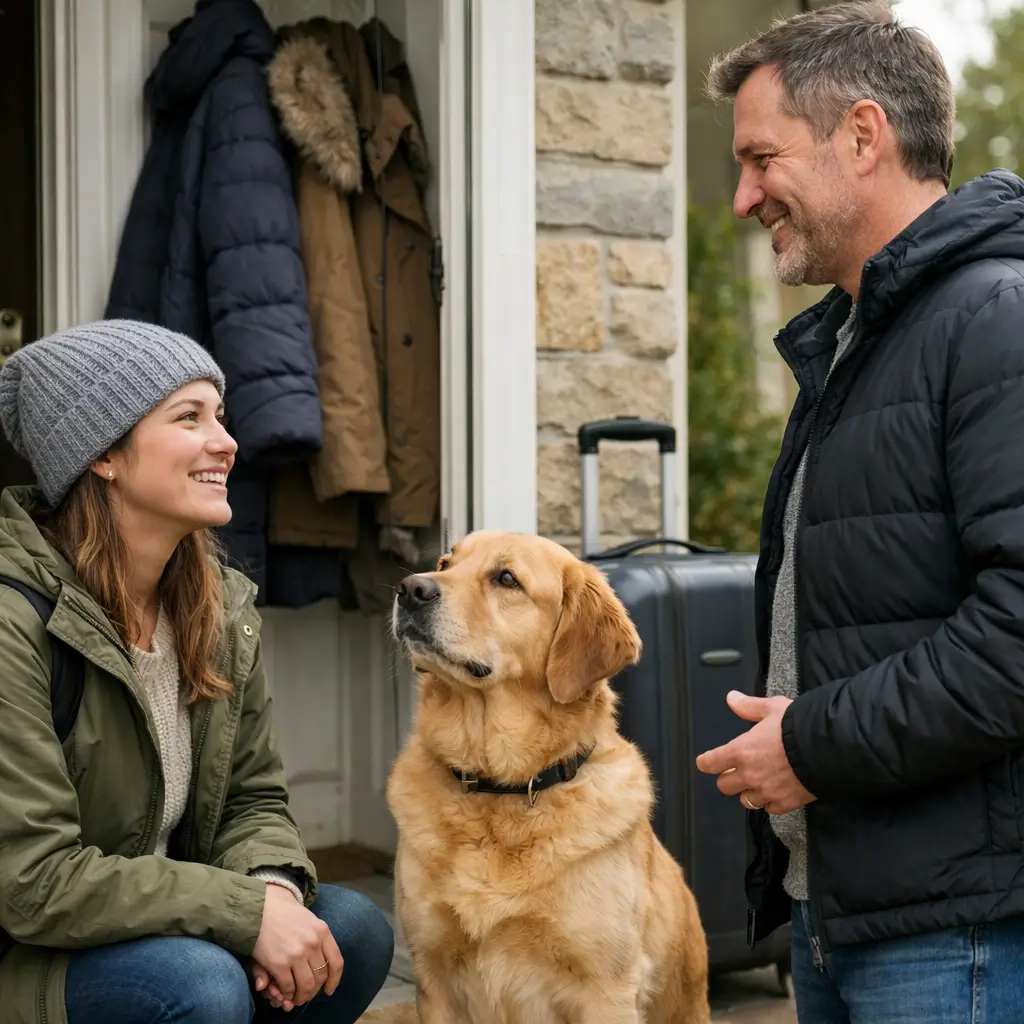 Relation de confiance avec une pet sitter local pendant les vacances d’hiver Échange rassurant entre une pet sitter et les propriétaires avant une garde d’animaux, dans un cadre sécurisé et bienveillant