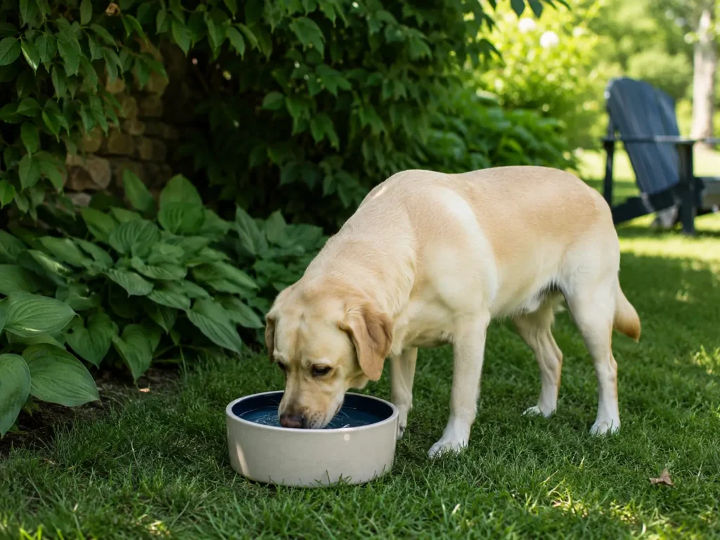 Hydratation du chien pendant les fortes chaleurs Chien qui boit de l’eau à l’ombre pendant une journée chaude à Saint-Lys