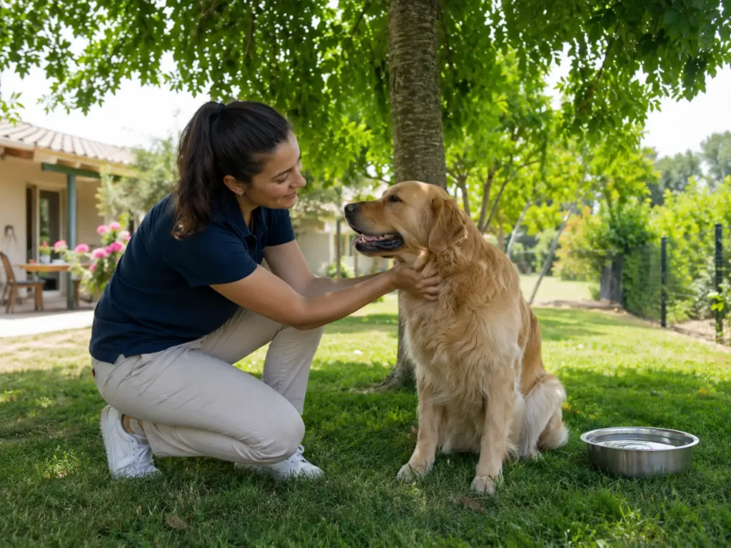 Pet sitter et garde de chien en été à Saint-Lys Pet sitter attentive avec un chien à l’ombre pendant une garde d’été à Saint-Lys