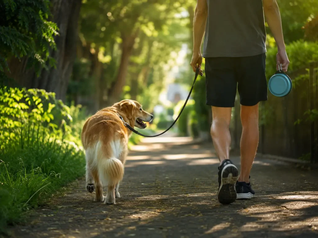 Promener son chien à l’ombre pendant l’été Chien promené à l’ombre avec de l’eau pendant une journée chaude près de Saint-Lys