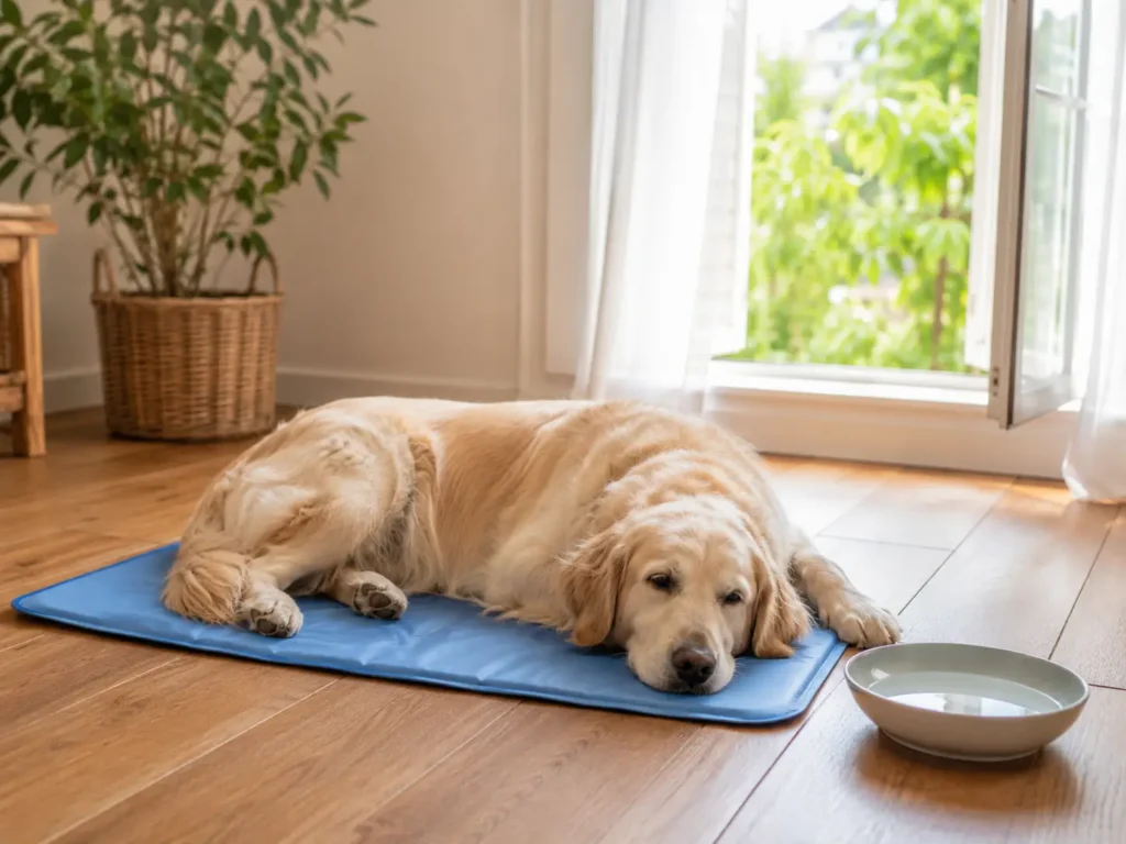 Rafraîchir son chien sans danger en été Chien allongé sur un tapis rafraîchissant dans une pièce ventilée pendant l’été à Saint-Lys