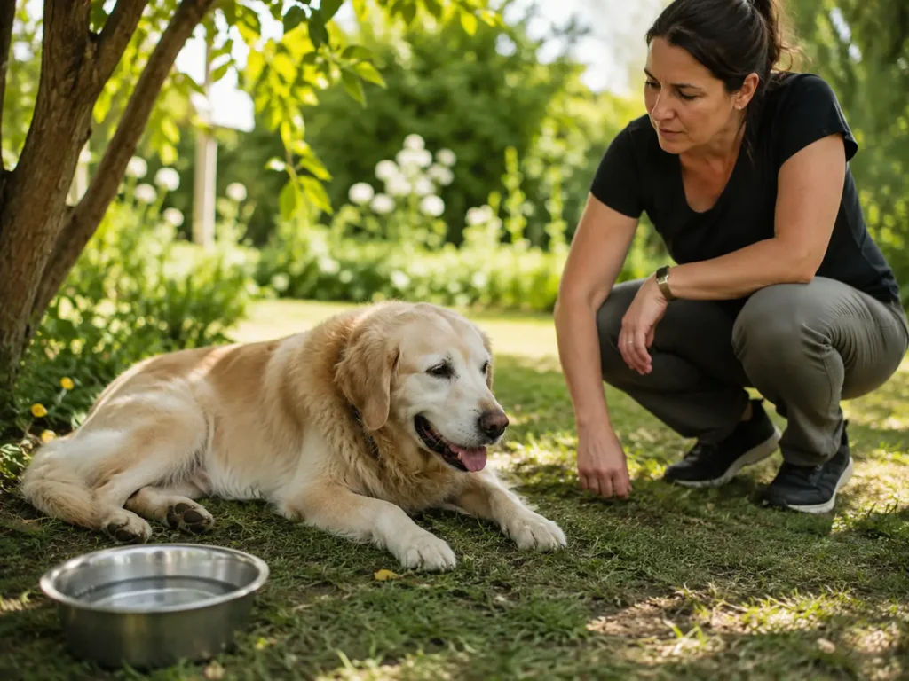 Surveiller son chien pendant les fortes chaleurs Chien surveillé à l’ombre pendant une journée chaude avec de l’eau à proximité